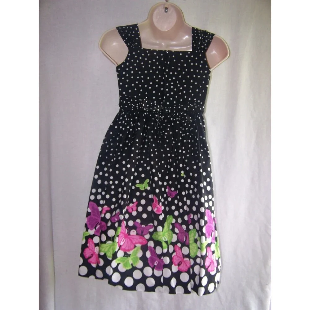 Girls JESSICA ANN BLACK AND‎ WHITE/ POKADOT W/ PINK BUTTERFLY'S  Dress Size 12